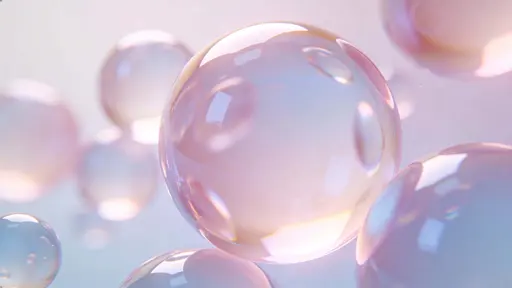 A centered cluster of semi-transparent, glass-like pastel bubbles with smooth surfaces and soft internal glow, dreamy reflections and a minimal bright 16:9 background, wide cinematic crop.