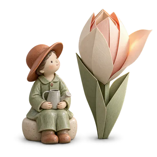 Patience is a slow-opening flower. A small matte ceramic gardener in a sage-green coat sits on a low stool beside a tall folded-paper flower, watering can resting untouched in its lap. One outer petal has opened outward into a soft beam of light while the inner layers stay neatly nested: some meaningful results require allowing a process to unfold.