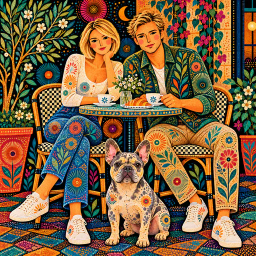 Folk-art painting of a couple at a patterned cafe table with a spotted French bulldog, surrounded by bright radial flowers on a black speckled background
