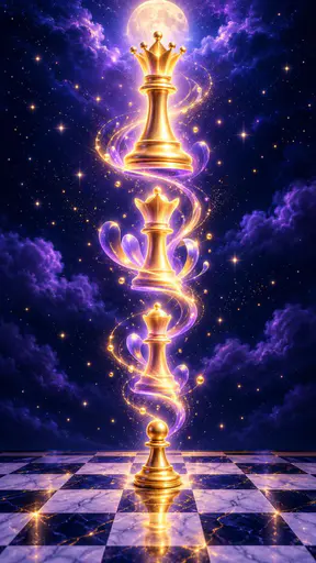 A chess pawn on a marble board unfolds upward into a mighty queen piece with the transformation shown in glowing stages against a dark background.