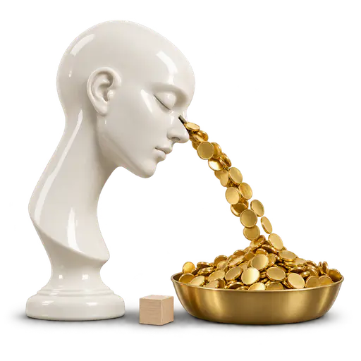 Paying through the nose: a smooth porcelain portrait head tips forward while a long chain of blank coins pours from a slot in its sculpted nose into an overflowing tray, beside one tiny ordinary wooden block, showing an excessive payment for something small.