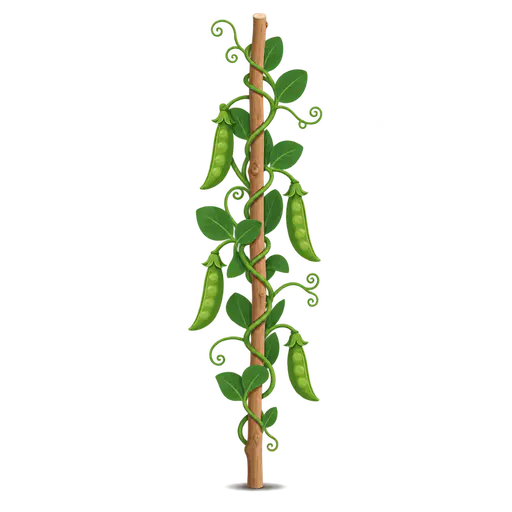 A pea vine with small pods and curling tendrils climbing a single upright cut hazel stick with the tendrils wrapped round it, on a transparent background.