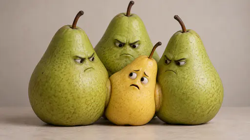 Pear pressure: Three large green pears crowd tightly around a smaller worried yellow pear, visibly squeezing it from both sides against a neutral studio backdrop.