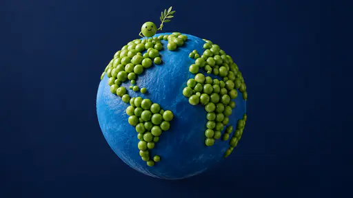 Peas on Earth: A blue globe covered with green peas arranged as continents, topped by a smiling pea holding a small olive branch against a dark navy background.
