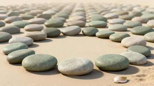 Seamless round pebble pattern rendered with layered depth, soft separation, and tactile grain, composed for a 16:9 frame to serve as a background or textile surface in neutral, calming tones.
