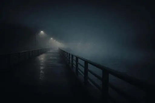 Cinematic 3:2 night photograph of an empty pedestrian bridge over water, thick fog softening railings and lamps, off-center composition with wide negative space for icons.