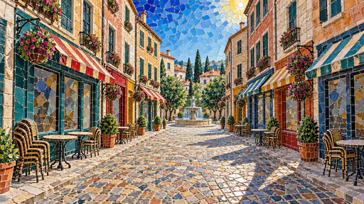 A cobbled pedestrian shopping street with striped awnings, hanging flower baskets, cafe tables and a distant fountain in midday sun in glazed tile shards.