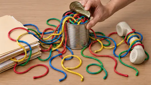 Opening a can of worms: a hand peeling back the metal lid of a plain unlabeled tin can, colorful cord-like worms spilling from inside the can and tangling through blank office folders and a plain telephone receiver, crisp tabletop light.