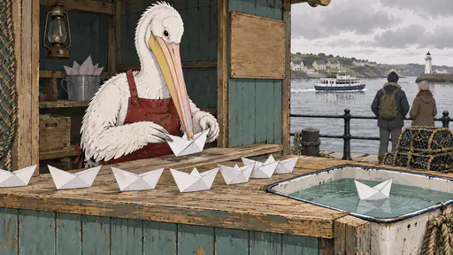 Ink and gouache illustration of a pelican in a faded red apron behind a weathered harbour counter, folding a white paper boat at its beak; finished boats line the counter, one floats in an enamel tray of sea green water, and two passengers wait by the railing with a ferry beyond.