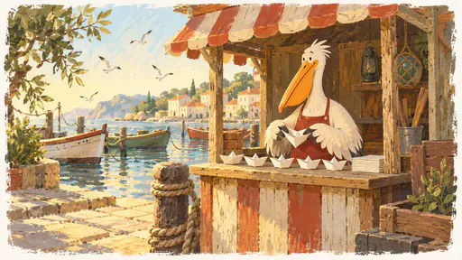 A round white pelican with a big orange-yellow pouch and a red apron folds a sheet of paper into a tiny boat at a small wooden harbour kiosk with a striped awning, a row of finished paper boats on the counter and a calm harbour behind in golden morning light.