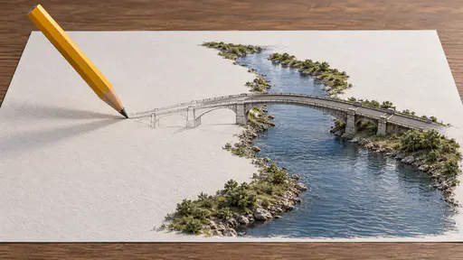 Drawbridge: conceptual tabletop photograph of a giant yellow pencil whose tip turns bridge sketch lines on white paper into a solid roadway arching across a narrow river.