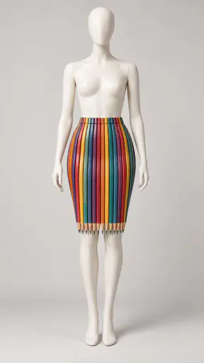 Pencil skirt: a mannequin wears a knee-length fitted skirt built from closely aligned colored pencils, their sharpened tips meeting in a tapered hem.