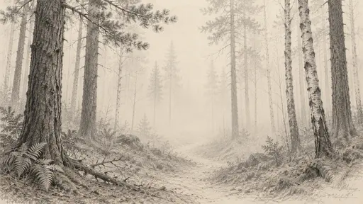 Tall pines and birches stand in fog with the nearest trunks in firm graphite and each farther row fading to faint lines on blank paper with ferns and a faint trail.