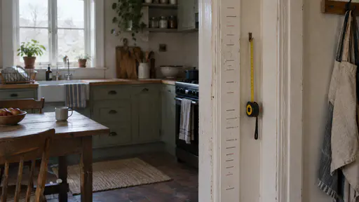 A painted wooden kitchen door frame shows a column of plain pencil tick marks in two pencil colours climbing from knee height to near the top of the frame beside a tape measure hanging from a nail in warm doorway light.