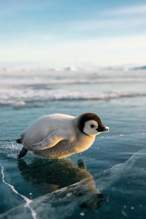 Close low-angle wildlife photograph of a penguin chick sliding across textured ice, framed for a 2:3 poster-cover with playful, naturalistic mood and crisp detail.