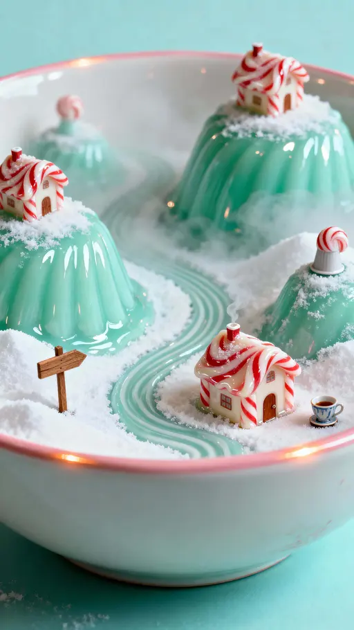 A vertical miniature peppermint swirl village set inside a glossy candy bowl, lit with gentle cool highlights and warm rim glow to feel whimsical and intimate.