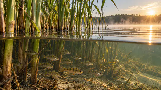A clutch of small perch fry swims in a loose group in the shaded gaps between the green stems of a dense reed bed at a lake margin in soft golden dawn light with mist over the open lake behind.