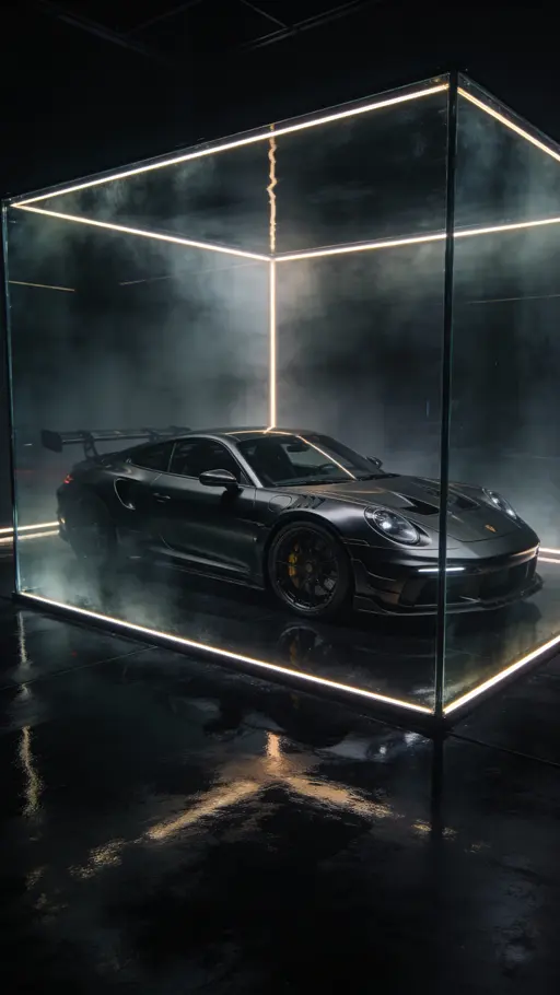 Performance car enclosed in a smoked glass cube in a dark luxury studio, with subtle edge light strips, deep shadows and a reflective black floor, framed vertically 9:16 with a tight centered crop for cinematic branding.