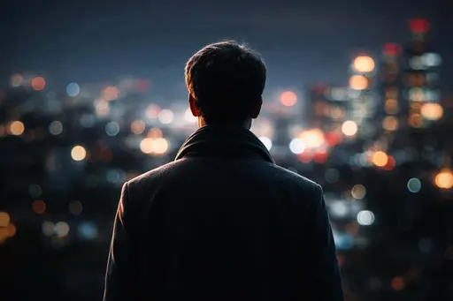 Back view of a lone person facing blurred city lights at night, captured in an editorial portrait photography style and composed for a 3:2 poster-cover layout.