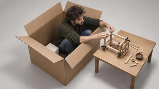 Thinking outside the box: an elevated three-quarter conceptual editorial photograph under soft studio light, where a person sits inside a large open cardboard box and reaches over its rim to fit together a small wooden invention on a low table entirely outside the box, blank sheets left unused…