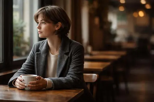 Solitary person seated at a café table, captured as an editorial portrait photograph with shallow depth and soft window light, intended for social-post use.