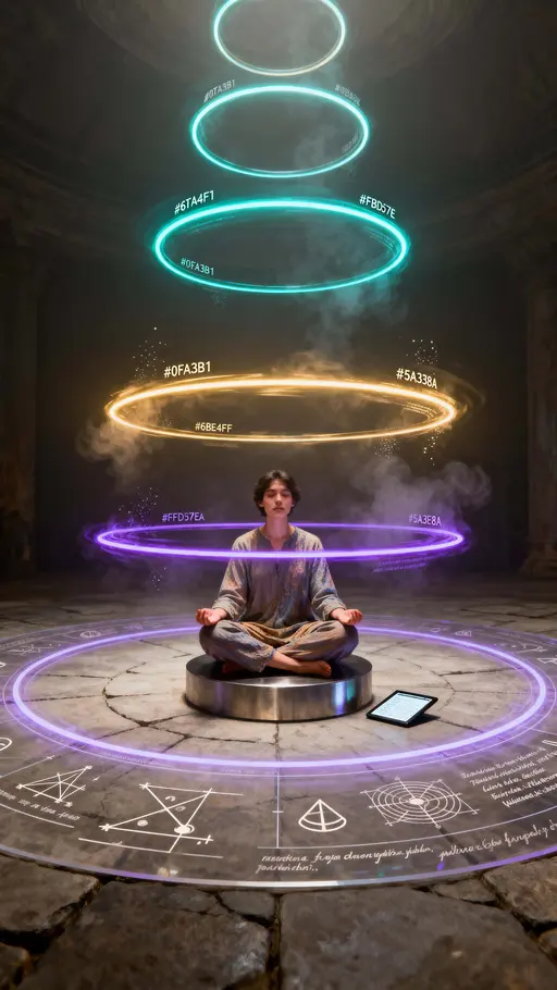 A lone person sits at the center of a dark circular chamber as dozens of glowing holographic rings orbit them at varied speeds, each ring etched with symbols, diagrams, and fragments of text, creating an immersive, mysterious tableau.