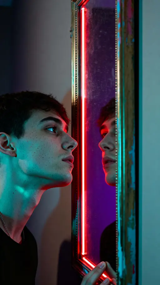 A figure leans toward a mirror in a tall 9:16 frame, one side submerged in deep shadow and cyan light while the reflected face is struck by harsh red neon, creating a tense duality of color and mood.