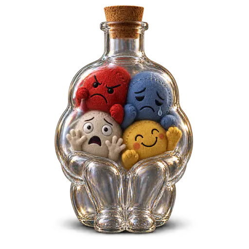 Bottling up emotions: a clear glass bottle shaped like a seated person, sealed with a cork, with four small colored fabric faces showing anger, sadness, fear and joy pressed against the inside of the glass, isolated on transparency.