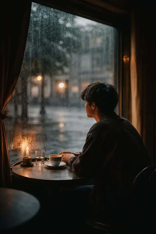 Cinematic 2:3 vertical editorial interior of a mid-20s person seated at a small round table by a window, back mostly to camera with a calm profile, warm dim interior and cool rain outside.