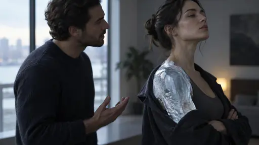 Cold shoulder: a waist-up side view conceptual editorial photograph of two people close as if talking, the nearer turning sharply away with chin up, one jacket shoulder formed as a smooth integrated mass of clear ice with a frosty sheen at the collar, under cool window light.