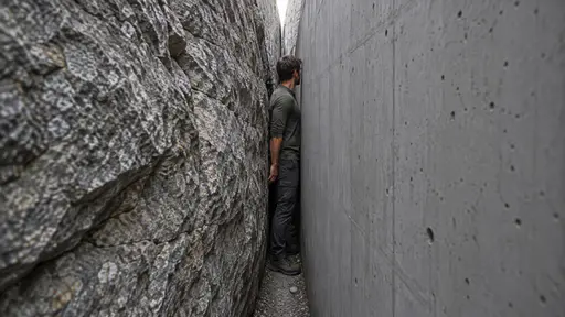Between a rock and a hard place: a frontal conceptual editorial photograph under soft overhead light, where a person stands sideways in a gap barely wider than their shoulders, one shoulder nearly against a huge rough grey boulder on the left and the other nearly against a flat poured-concrete…