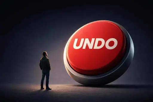 Person stands before a giant red UNDO button in a 3:2 editorial photography concept, framed for poster-cover use with cinematic lighting and ample negative space.