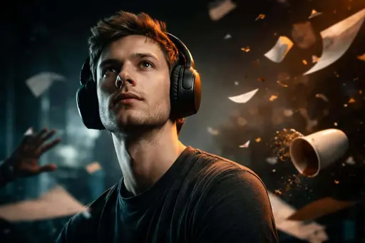 Close portrait of a person wearing noise-canceling headphones set against chaotic motion and debris, photographed as a polished portrait-photography poster-cover in 3:2 ratio.
