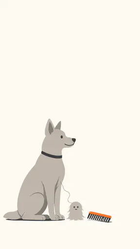 Flat vector editorial illustration for a Halloween pet-grooming promotion graphic: a relaxed light grey dog sits in profile while a small tuft of its shed fur stands beside its paws shaped like a tiny smiling ghost, a charcoal and orange grooming comb resting nearby, and the upper third and right edge stay a plain empty field ready for typeset copy.