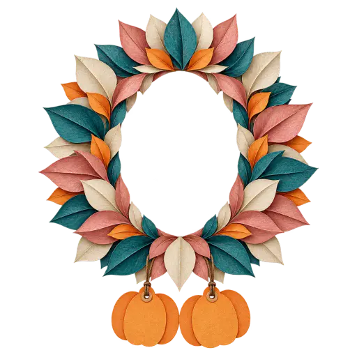 A broad oval medallion frame of folded paper leaves drawn in layered colored pencil, in velvet teal, cream, dusty rose and pumpkin orange, with two small blank unlettered pumpkin-shaped paper tags hanging on short strings at the bottom. The oval center and the area outside the ring are truly transparent, so a Halloween pet photo shows through the aperture when used as a photo frame overlay.