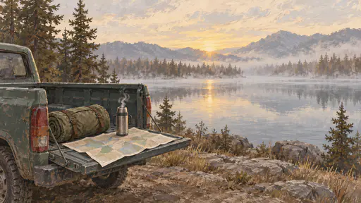 A green pickup tailgate facing a still misty lake, a rolled sleeping bag, a steaming steel thermos and an unfolded map on it, pines on the far shore, a yellow glow on the horizon.