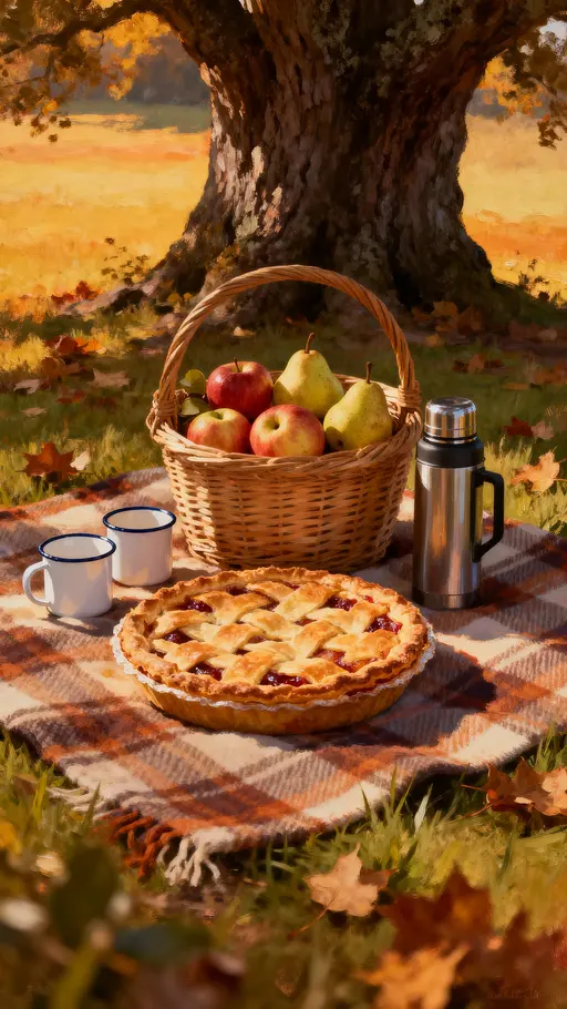 Vertical 9:16 view of a rustic picnic beneath an old oak: a cream-and-rust-red plaid blanket holds a woven basket of rust-red apples, olive-green pears and a golden-brown pie, plus a thermos and white enamel mugs in amber sunlight and scatt