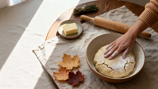 Cozy, minimal 16:9 food photo showing a matte bowl of pie dough being kneaded in the lower-right third, hand and rolling pin amid warm creams and pale wooden tones.