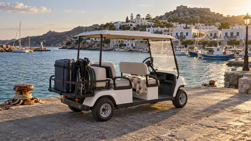 A small electric shuttle cart with a canopy and two bench seats stops at the head of a harbour pier at golden hour with a suitcase and a folded wheelchair strapped to its rear rack and a small dog's blanket on the front seat, the pier and boats behind.