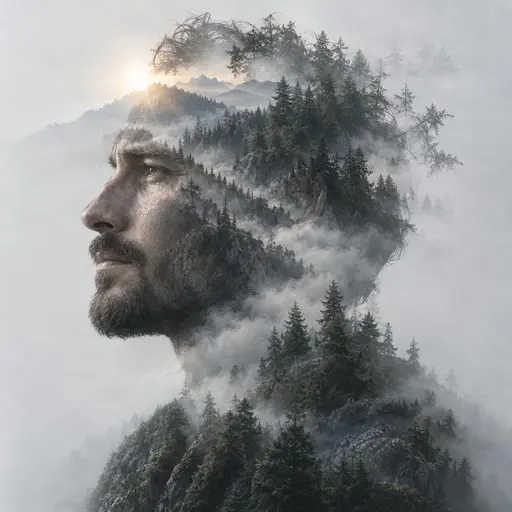 Double exposure of a man's left-facing profile blended with a pine ridgeline and morning fog; treetops fill the crown, fog forms the neck, and the profile edge and single visible eye stay readable through the blend.