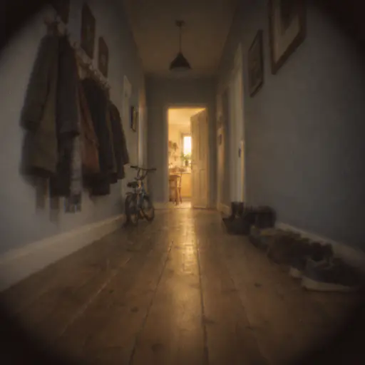 A narrow hallway at floor height with coats on hooks at left, shoes at right, a small bicycle against the wall, floorboards leading to a warm yellow door, grey blue walls.