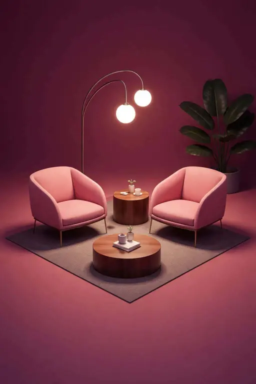 A stylized 3D render of a modern magenta lounge featuring pink armchairs and globe lamps for a moody, monochromatic interior design concept or wallpaper.