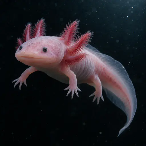 A pink axolotl seen from the side in near-black water, full red feathery gills fanned, small dark eyes, four limbs hanging loose, tail curved in an S.