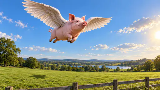 When pigs fly: a side three-quarter surreal animal photograph of a pink pig airborne on two large feathered wings attached at its shoulders, all four legs tucked under its body, its small shadow cast far below on a green field beside a wooden fence under clear afternoon light.
