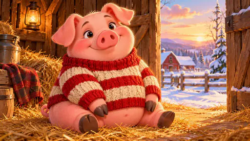 A plump pink pig wearing a chunky knitted sweater in red and cream stripes sits in a cosy barn doorway with soft winter light.