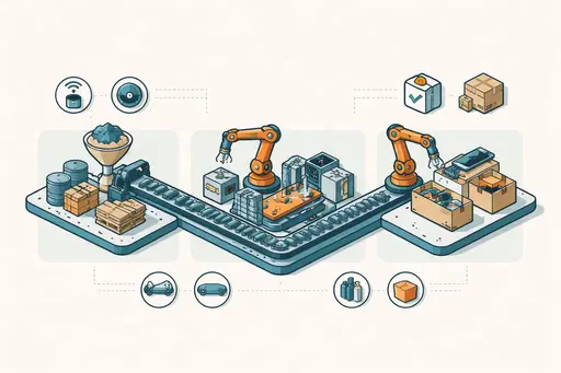Isometric 3:2 infographic showing a clear visual pipeline from raw material to finished product with labeled stages and clean vector forms for presentation use.