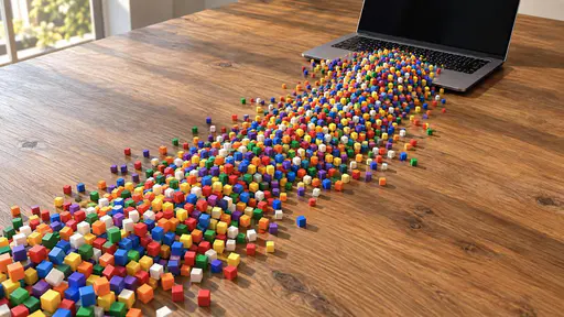 Data stream: an open laptop on a wooden desk pouring a stream of tiny colored pixel cubes that banks, ripples and channels across the desk in soft daylight, every cube face blank with no letters or numbers.