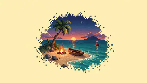 Retro pixel-art slice of a tiny island with a palm, rowboat, and glowing campfire on dithered teal water, its pixel edge scattering on a pale butter field.