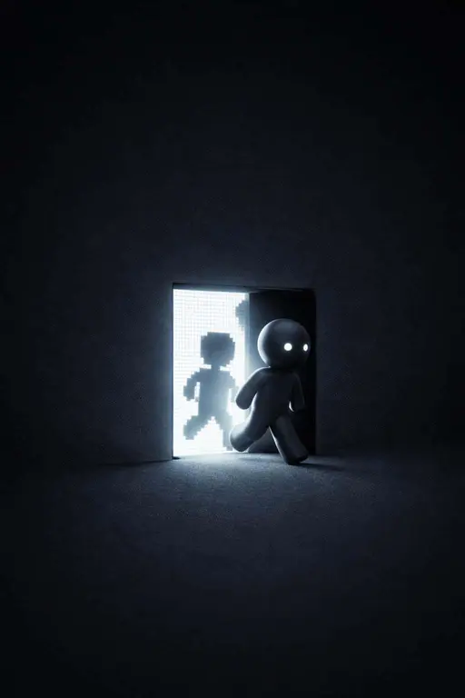 A 2:3 portrait of a minimal charcoal backdrop with subtle grain and vignette, lower-third left a pixel window where an 8-bit figure steps into a smooth dark ceramic 3D form.