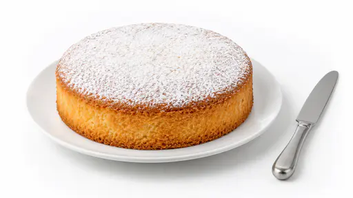 A plain round golden sponge cake dusted with powdered sugar sits on a white round plate with a cake knife beside it on a seamless white sweep.